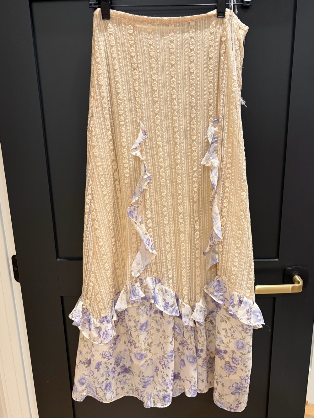 Bluivy Cream Maxi Skirt with Lavender Floral Ruffle Trim